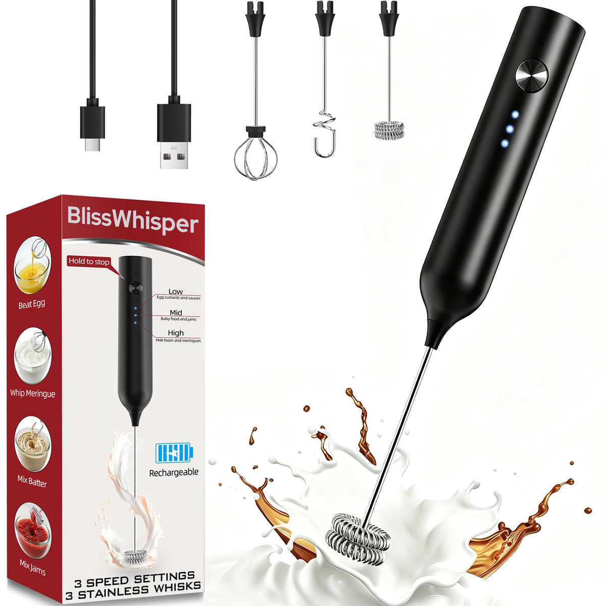 Rechargeable Handheld Milk Frother – 3 Speeds & 3 Whisks
