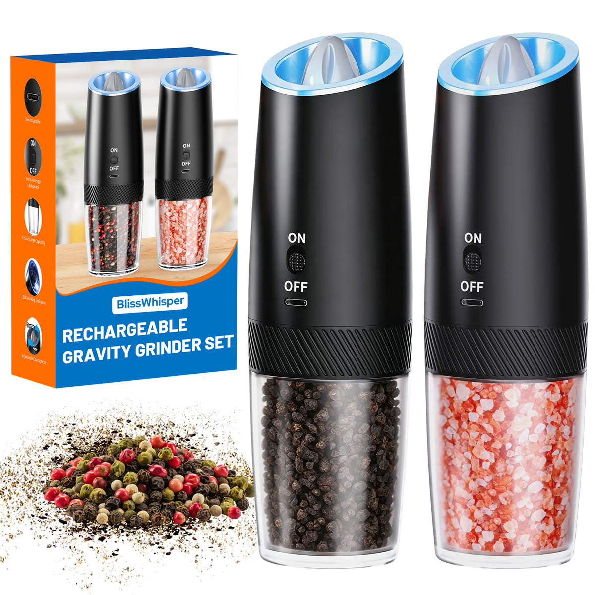 Rechargeable Gravity Salt & Pepper Grinder Set