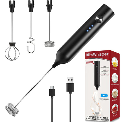 Rechargeable Handheld Milk Frother – 3 Speeds & 3 Whisks