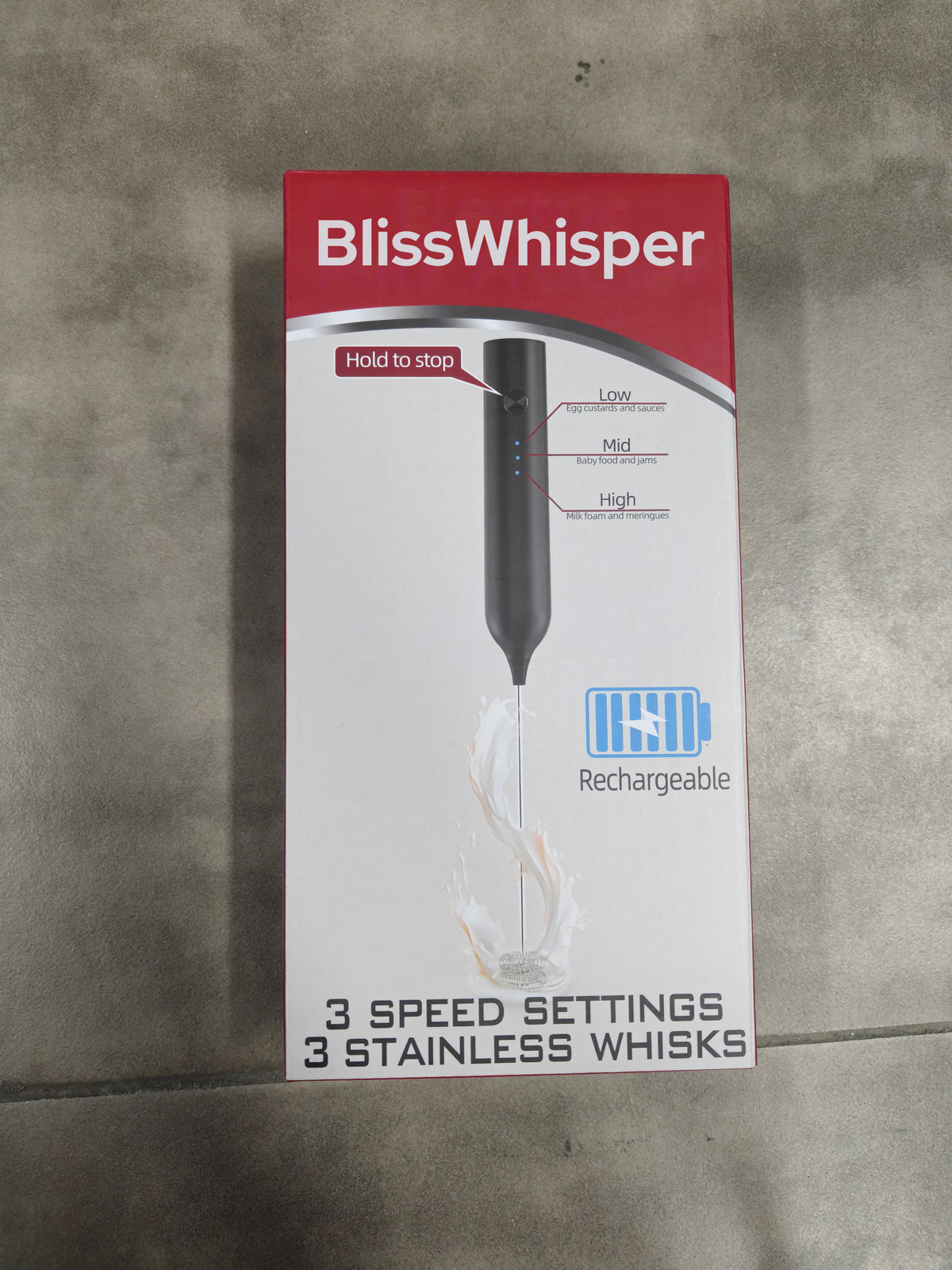 Rechargeable Handheld Milk Frother – 3 Speeds & 3 Whisks