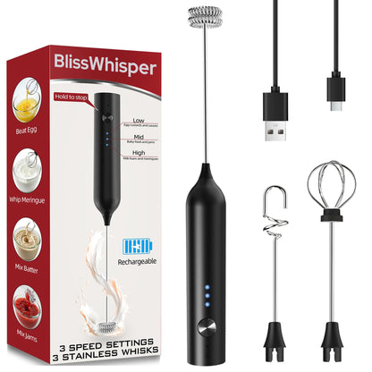 Rechargeable Handheld Milk Frother – 3 Speeds & 3 Whisks